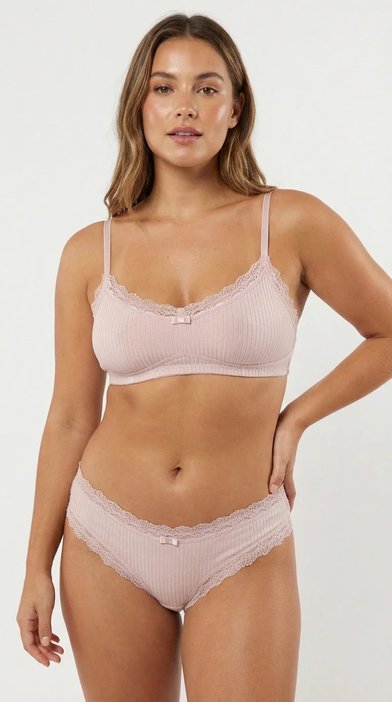 Pudra Pembesi Fitilli (Ribbed) Bikini Külot - Arka Görünüm